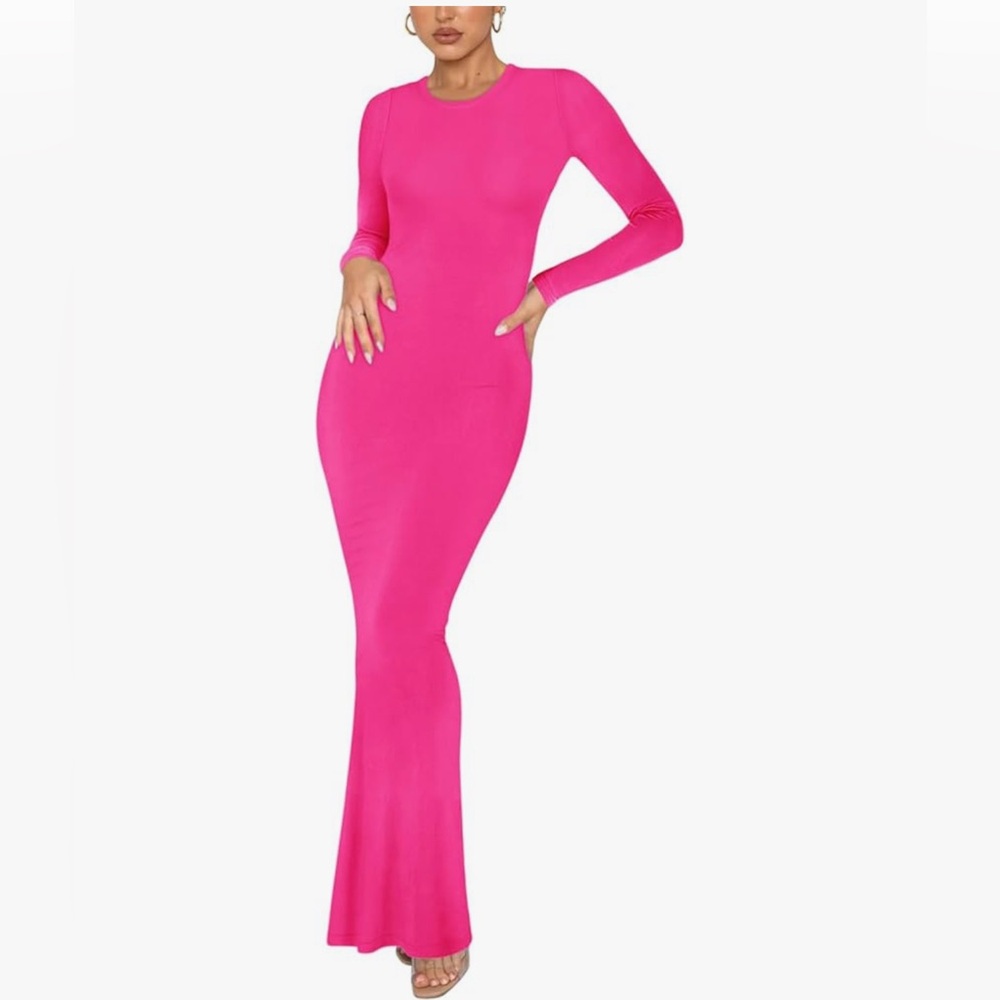*New* Elegant Vibrant Pink Crew Neck Long Sleeve Casual Maxi Dress Size L